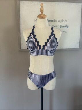 Xhilaration Navy and White Gingham Bikini with Scallop Trim